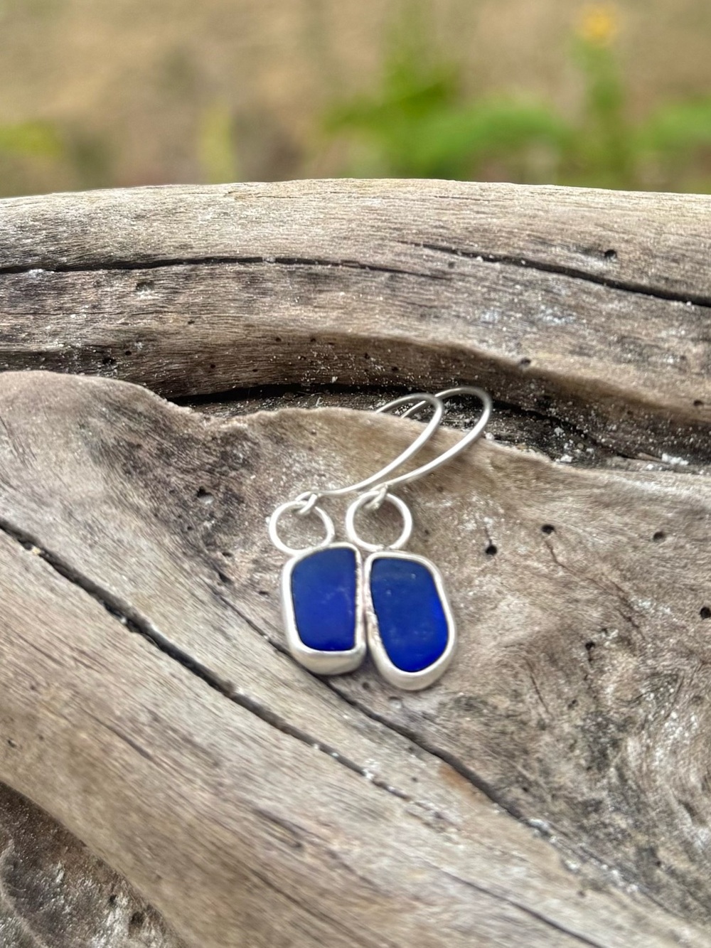 Cobalt blue sea glass Handmade sterling silver drop earrings